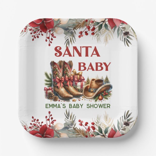 Santa Baby Cowboy Chirstmas Baby Shower Paper Plates (Front)
