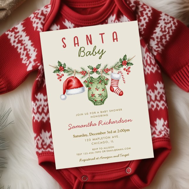 Santa Baby cute clothes Christmas baby shower Invitation (Creator Uploaded)