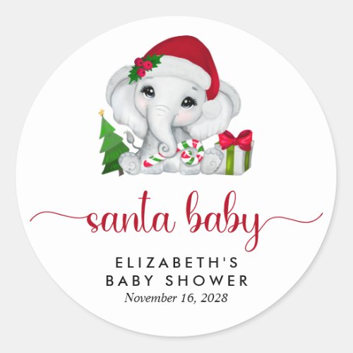 Santa Baby Elephant Christmas Baby Girl Shower Classic Round Sticker