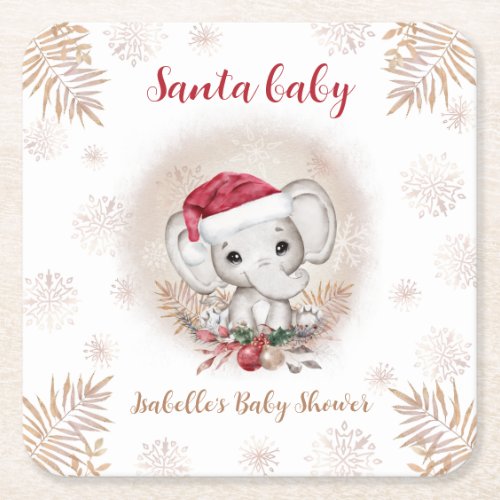 Santa Baby Elephant Christmas Baby Shower Square Paper Coaster