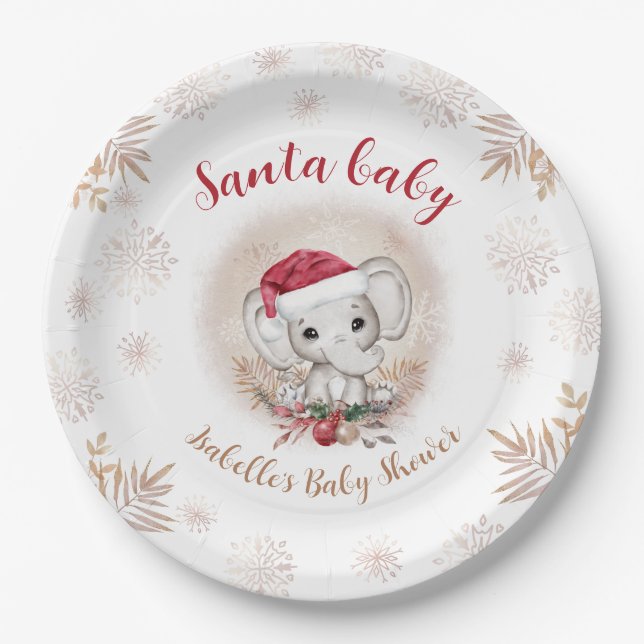 Santa Baby Elephant Christmas Boy Baby Shower Paper Plates (Front)
