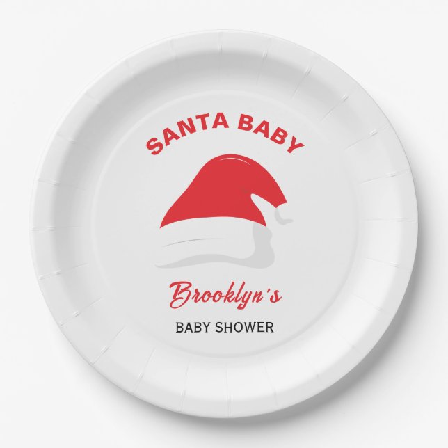 Santa Baby Gender Neutral Baby Shower Winter Hat Paper Plates (Front)