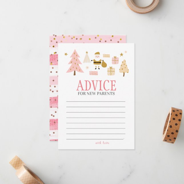 Santa Baby Girl Shower Advice for New Parents Note Card (Front/Back In Situ)
