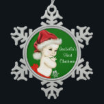 Santa Baby Girls 1st Christmas Snowflake Pewter Christmas Ornament<br><div class="desc">Adorable baby girl with Santa hat and snowflake girls first Christmas tree ornament. This cute red Santa hat and snowflake baby girls 1st Christmas ornament is easily customized with your text in the font style and color, and wording of your choice. You can also change the background color on this...</div>