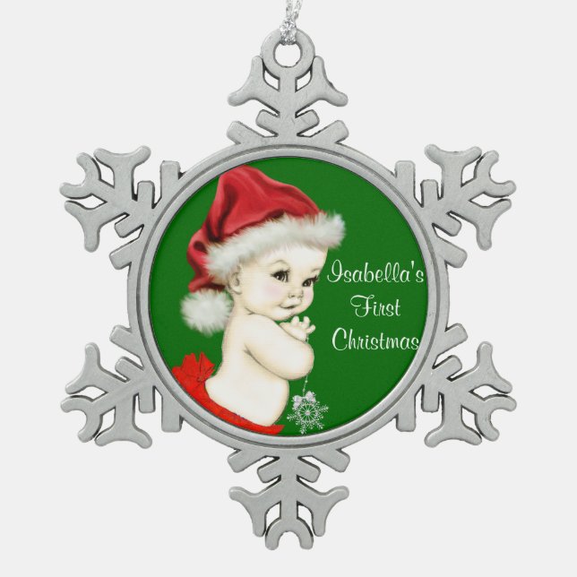 Santa Baby Girls 1st Christmas Snowflake Pewter Christmas Ornament (Front)