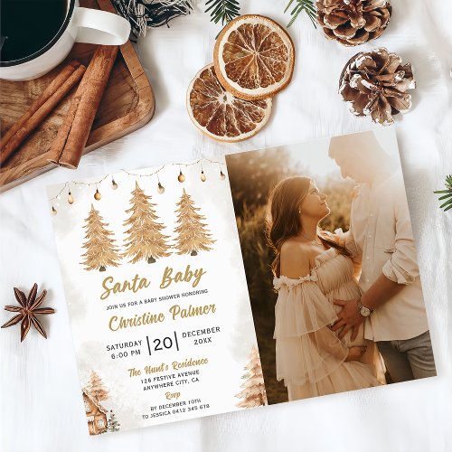 Santa Baby Gold Tree Christmas Baby Shower Photo Invitation