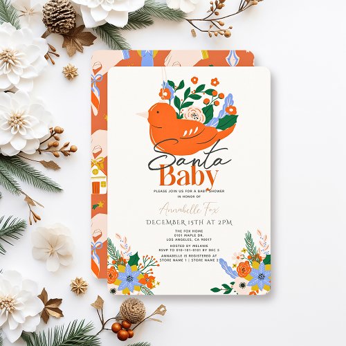 Santa Baby Holiday Red Bird Girl Baby Shower Invitation