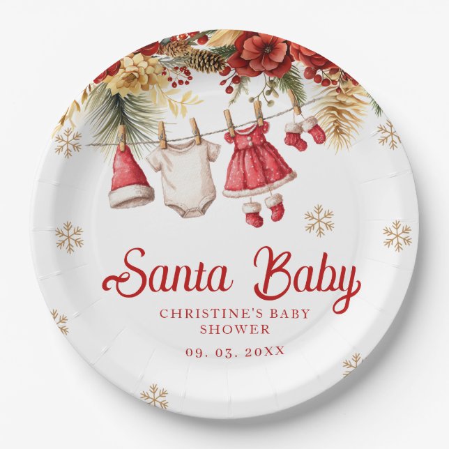 Santa Baby Holiday Winter Christmas Baby Shower Paper Plates (Front)