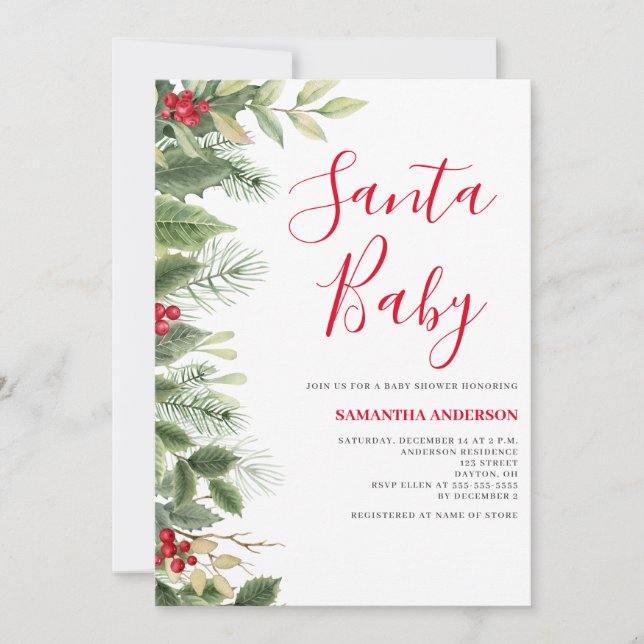 Santa Baby Pine Berry Christmas Shower Invitation (Front)