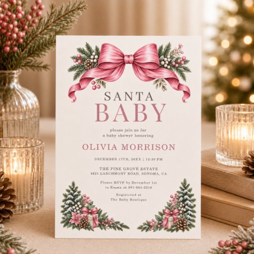 Christmas Santa Baby Pink baby shower invitation