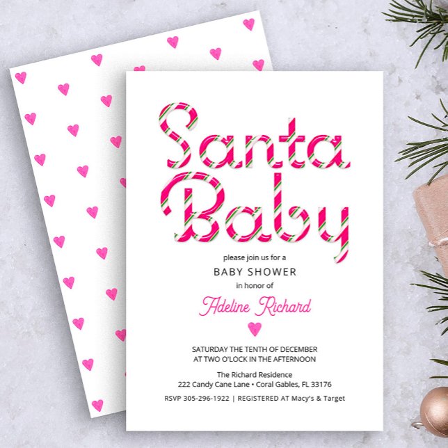 Santa Baby Pink Christmas Baby Shower Invite (Pink candy cane Santa baby Christmas baby shower)