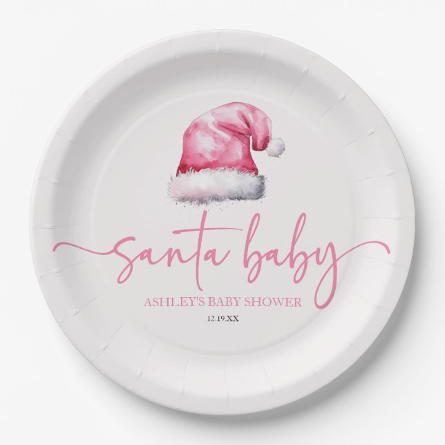 Santa Baby Pink Hat Christmas Holiday Baby Shower Paper Plates (Front)