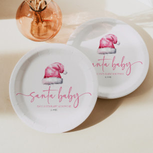 Santa Baby Pink Hat Christmas Holiday Baby Shower Paper Plates