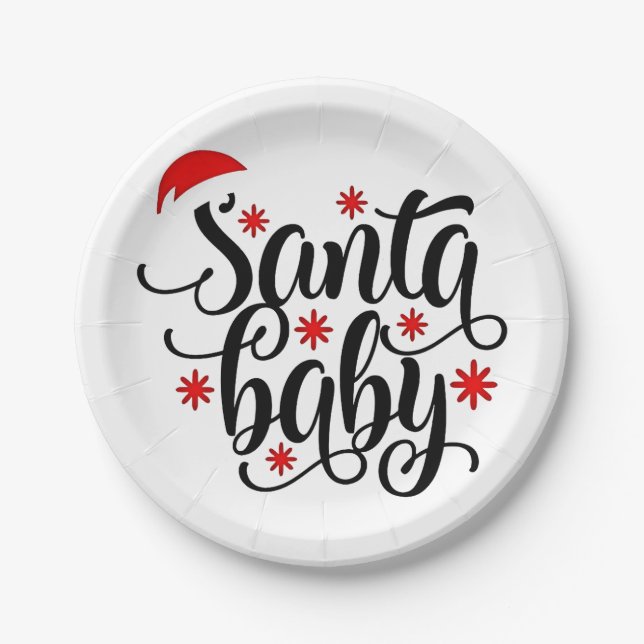 Santa Baby Pregnancy Announcement Christmas Santa Paper Plates (Front)