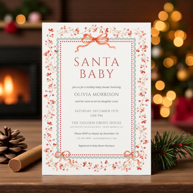 Santa Baby Preppy Bow Christmas Baby Shower Invitation (Creator Uploaded)