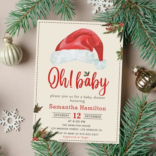 Santa Baby Red Hat Christmas Holiday Baby Shower Invitation