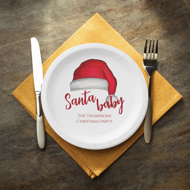 Santa Baby Red Simple Traditional Christmas  Paper Plates (Christmas holiday custom paper plate with Santa Baby typography. )