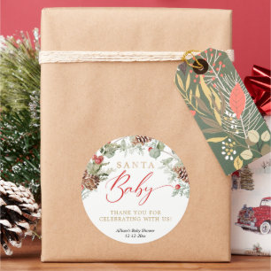 Santa Baby Rustic Winter Greenery baby shower Classic Round Sticker