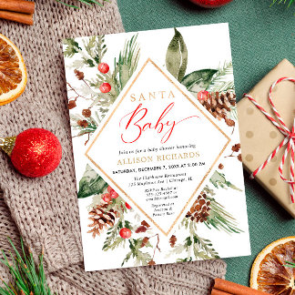 Santa Baby Rustic Winter Greenery baby shower Invitation