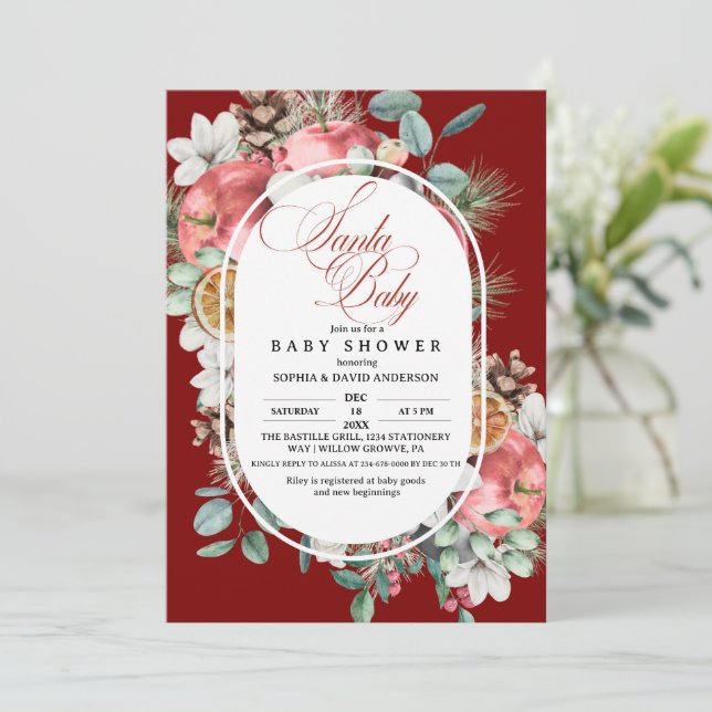 Santa Baby Script Winter Pine Tree Greenery Shower Invitation (Standing Front)