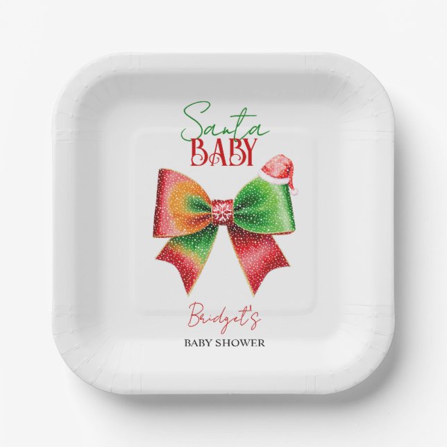 Santa Baby shower bow and Santa hat Christmas Paper Plates (Front)