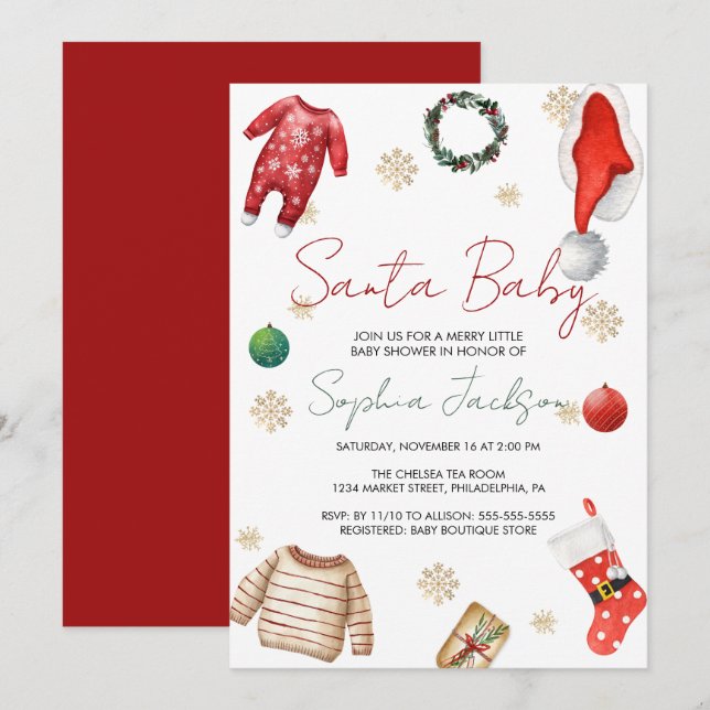 Santa Baby Shower Christmas Baby Clothes Winter Invitation (Front/Back)