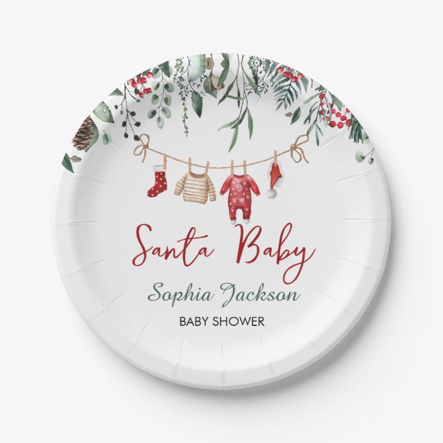 Santa Baby Shower Christmas Baby Clothes Winter Paper Plates (Front)