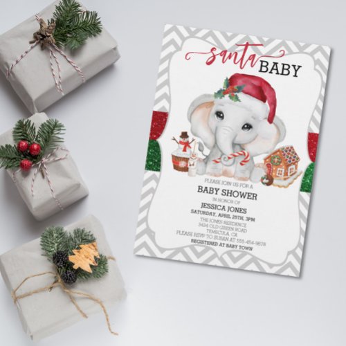 Santa Baby Shower Cute Holiday Elephant Chevron Invitation