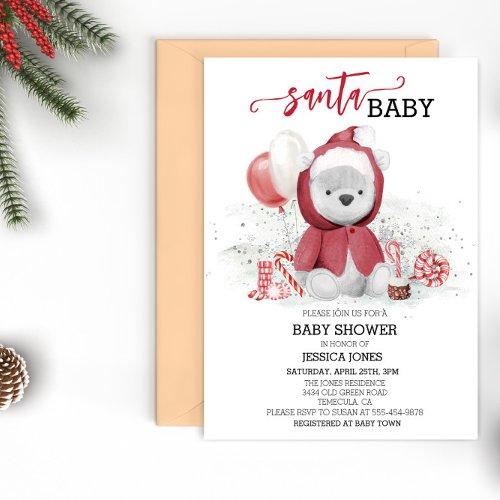 Santa Baby Shower Polar Teddy Bear Cub Watercolor Invitation
