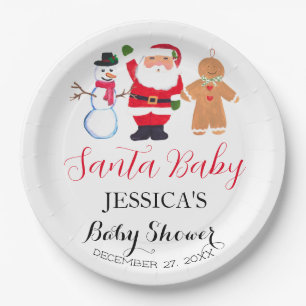 Santa Baby Shower Red Cute simple Winter Snowy Paper Plates