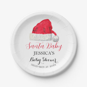 Santa Baby Shower Red Cute simple Winter Snowy Paper Plates