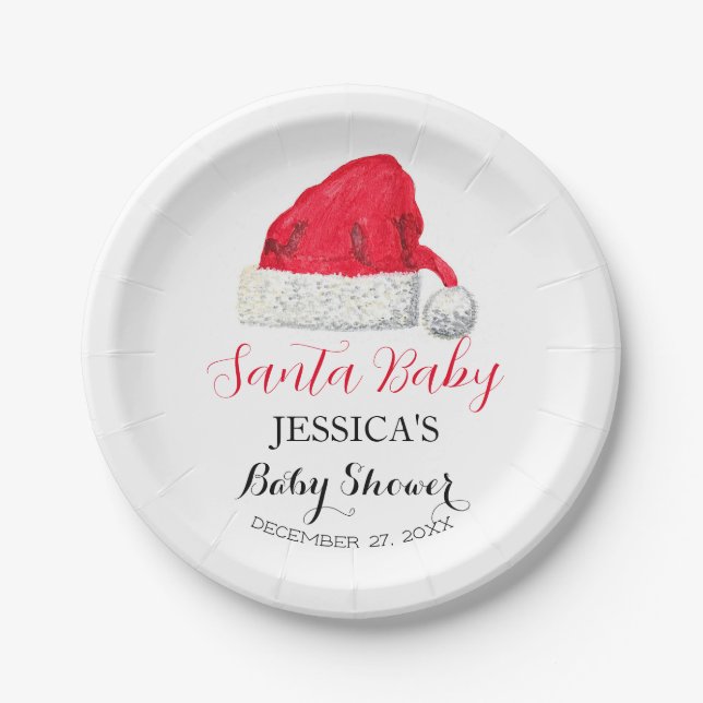 Santa Baby Shower Red Cute simple Winter Snowy Paper Plates (Front)