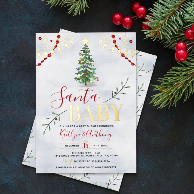 "Santa Baby" Watercolor Christmas Tree Baby Shower Foil Invitation (Creator Uploaded)