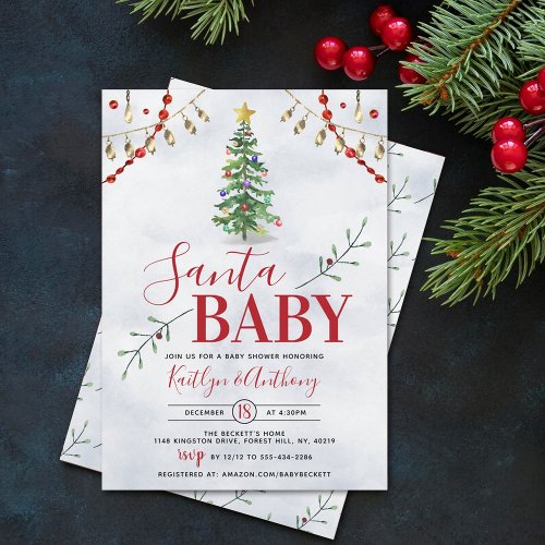 Santa Baby Watercolor Christmas Tree Baby Shower Invitation