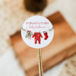 Santa Baby Winter Christmas Baby Shower Classic Round Sticker<br><div class="desc">A festive round sticker featuring a watercolor Christmas baby clothesline. Perfect for sealing envelopes,  favor bags,  or party décor.</div>