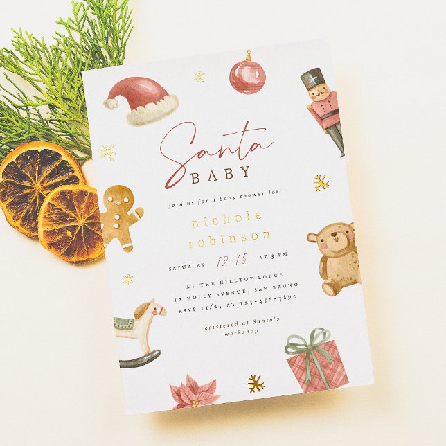 Santa Baby Winter Christmas Baby Shower Foil Invitation (Creator Uploaded)