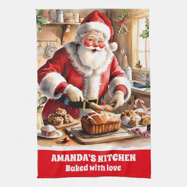 Santa Baking Christmas Bread Personalized Holiday Kitchen Towel (Vertical)