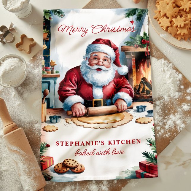 Santa Baking Cookies Personalized Merry Christmas Kitchen Towel (Creator Uploaded)