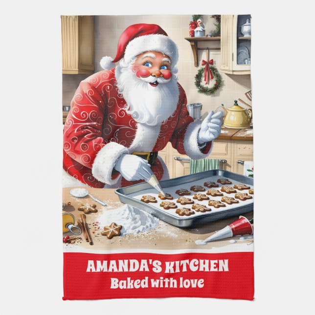 Santa Baking Gingerbread Cookies Custom Christmas Kitchen Towel (Vertical)