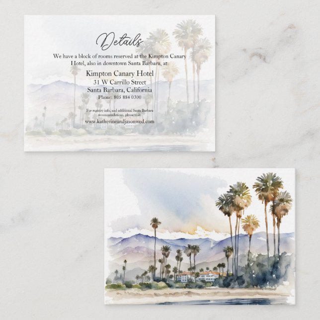 Santa Barbara Beach Waterfront Watercolor Wedding Enclosure Card (Front/Back)