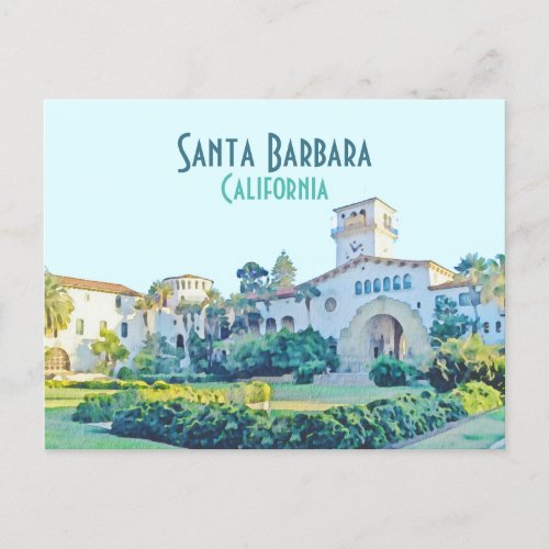 Santa Barbara California Courthouse Watercolor Postcard