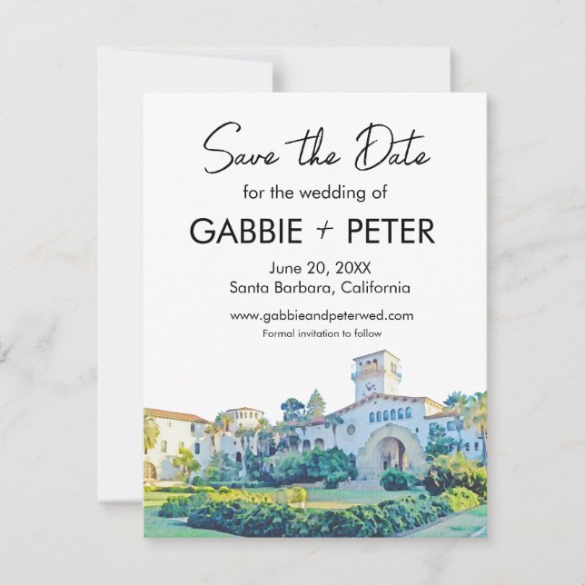 Santa Barbara Courthouse Watercolor Save the Date Invitation (Front)