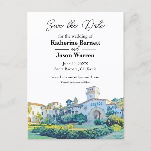 Santa Barbara Courthouse Watercolor Save the Date Postcard