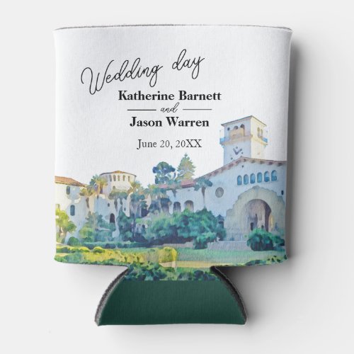 Santa Barbara Courthouse Watercolor Wedding Can Cooler