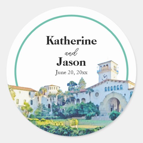 Santa Barbara Courthouse Watercolor Wedding Classic Round Sticker