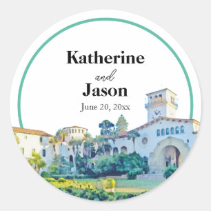 Santa Barbara Courthouse Watercolor Wedding Classic Round Sticker