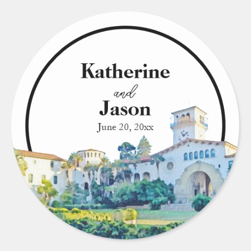 Santa Barbara Courthouse Watercolor Wedding Classic Round Sticker