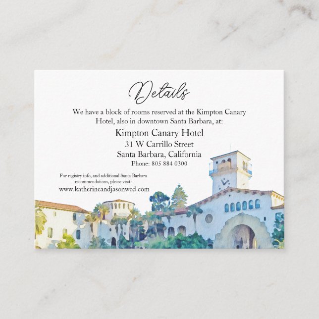 Santa Barbara Courthouse Watercolor Wedding Enclosure Card (Front)