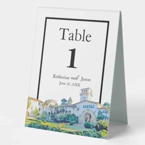 Santa Barbara Courthouse Watercolor Wedding Number Table Tent Sign