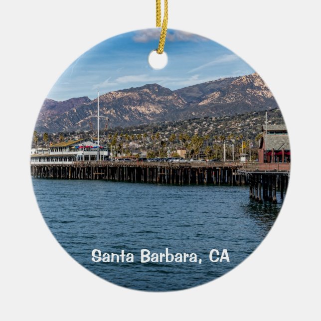 Santa Barbara, Stearns Wharf & Brown Pelican Ceramic Ornament (Front)